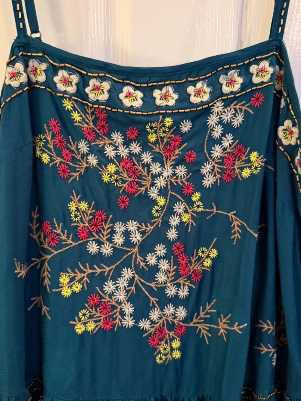 Anthropologie Medium Beaded Embroidered Flowy Teal Tank Top - Picture 3 of 12